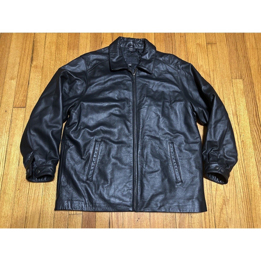 St John Bay Men's Black Leather Jacket Full Zip Point Collar Solid Size XL